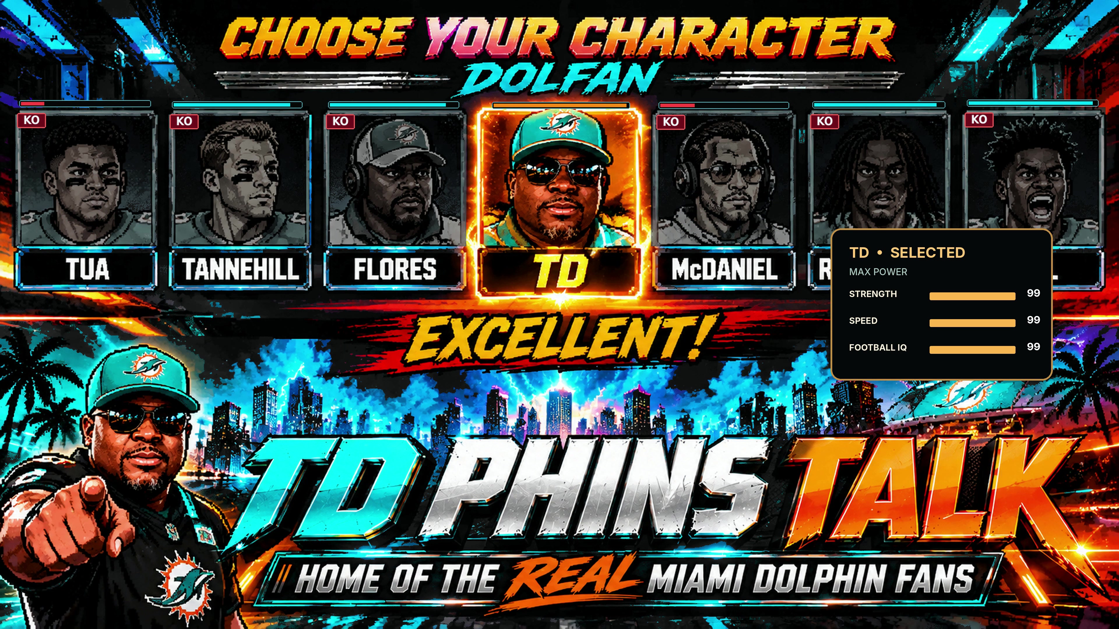 Choose Your Character opening frame featuring TD and Dolphins personalities
