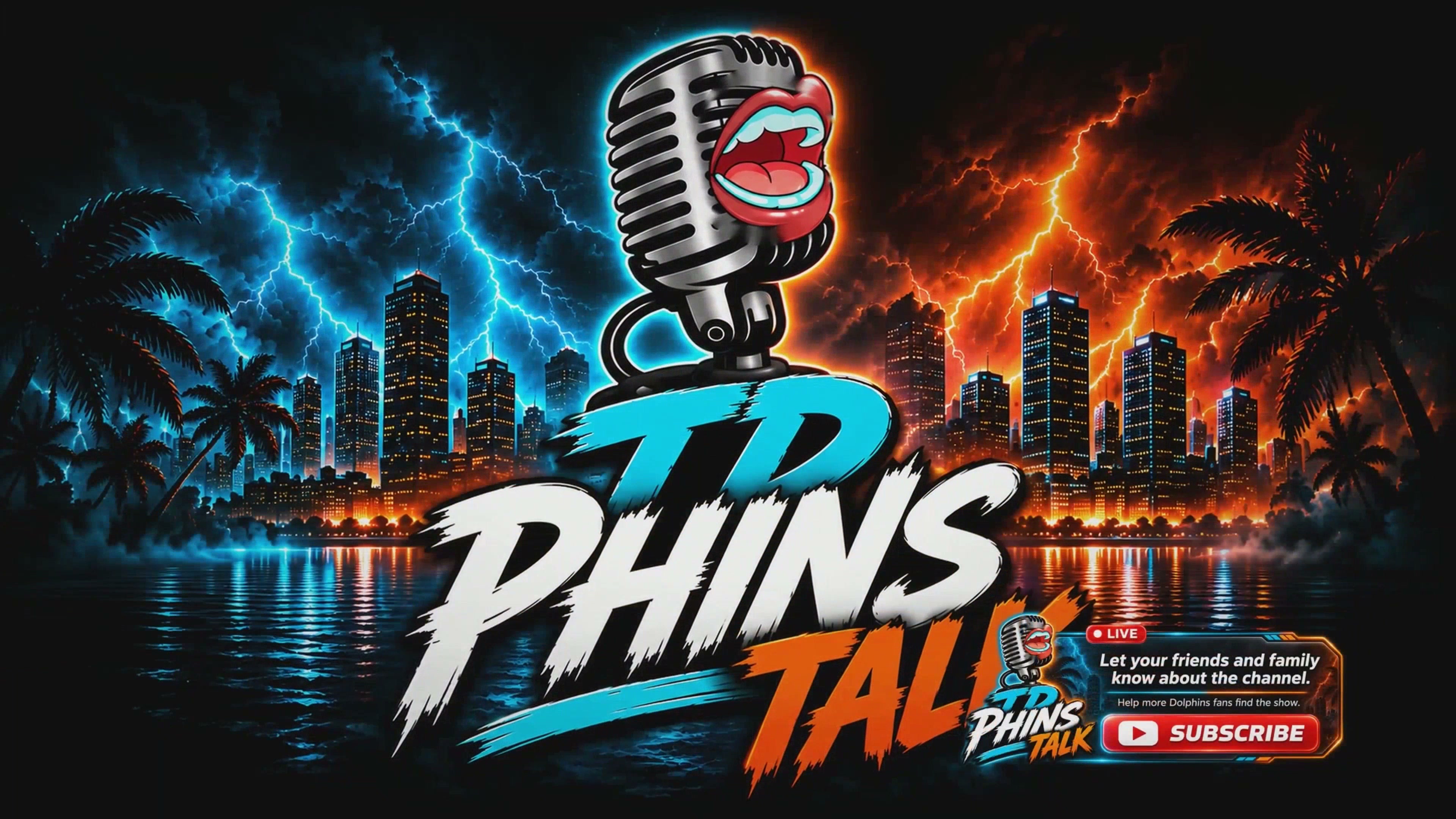 Final TD Phins Talk identity with microphone, Miami skyline and aqua-and-orange lightning