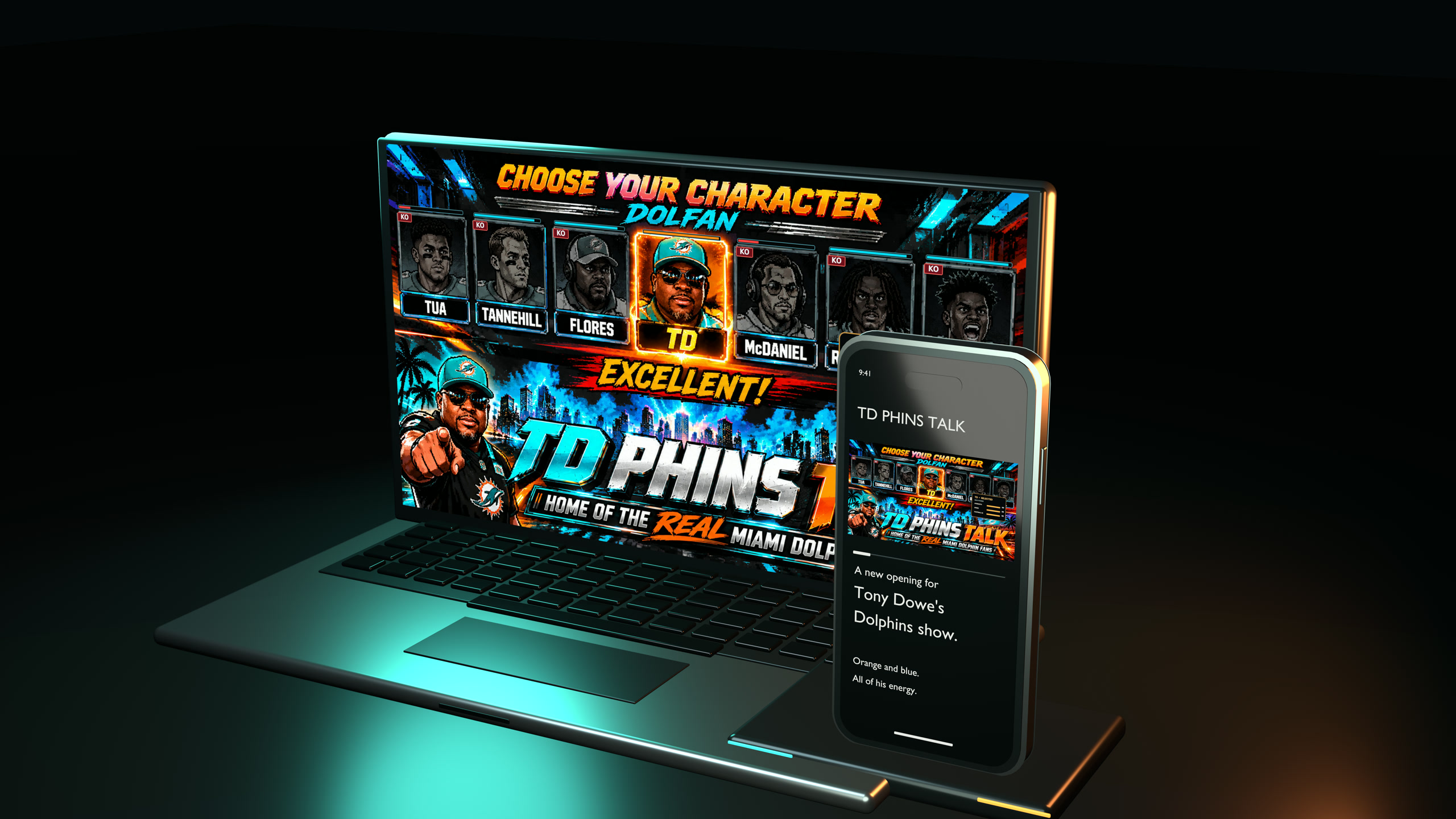 Custom Blender device scene with graphite laptop and portrait iPhone-style phone on an aqua and orange lit arcade podium