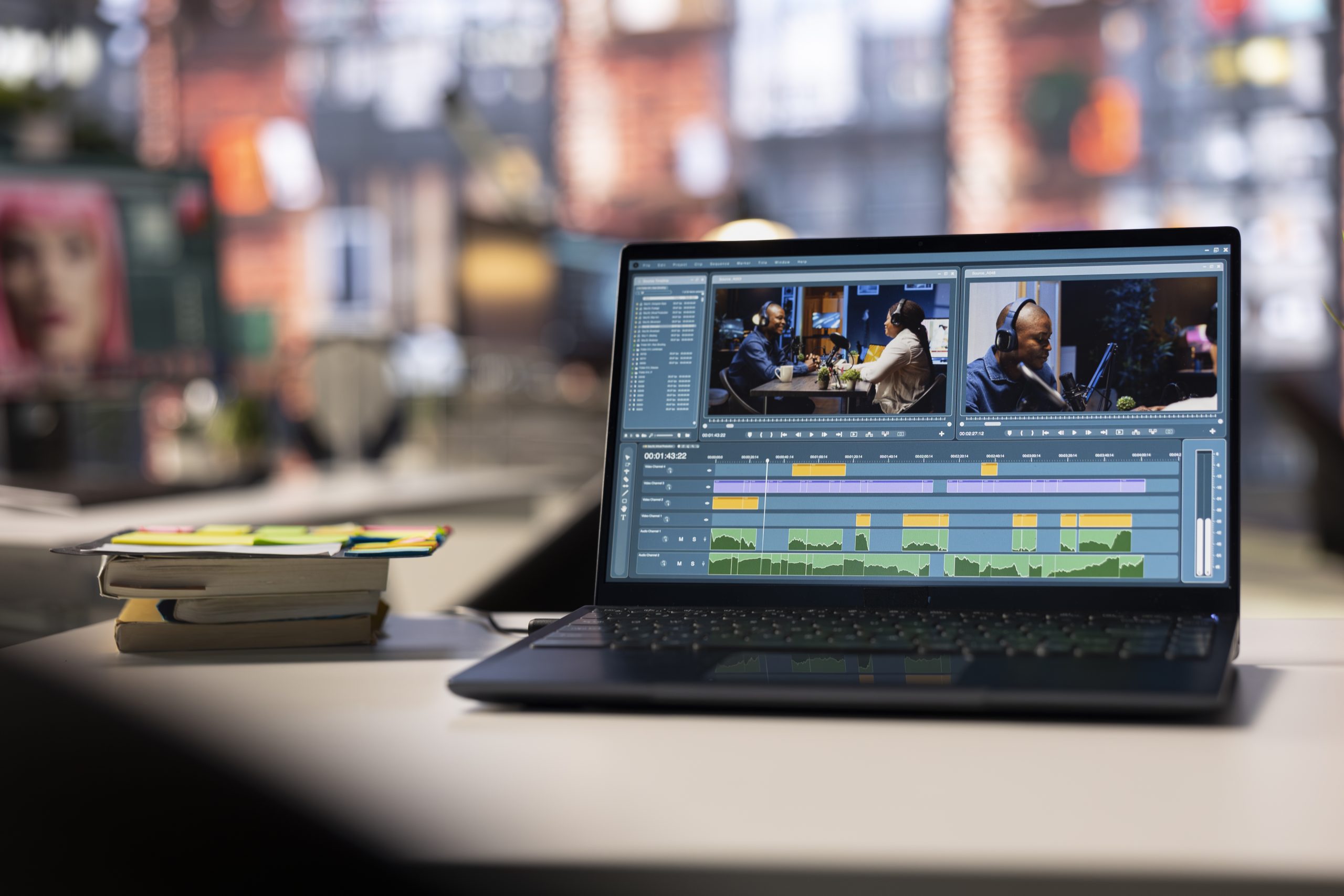 Professional agency setup for cinematic footage creation and video editing. Empty workspace with a laptop used by video makers to create artistic montage, visual movie content and design.