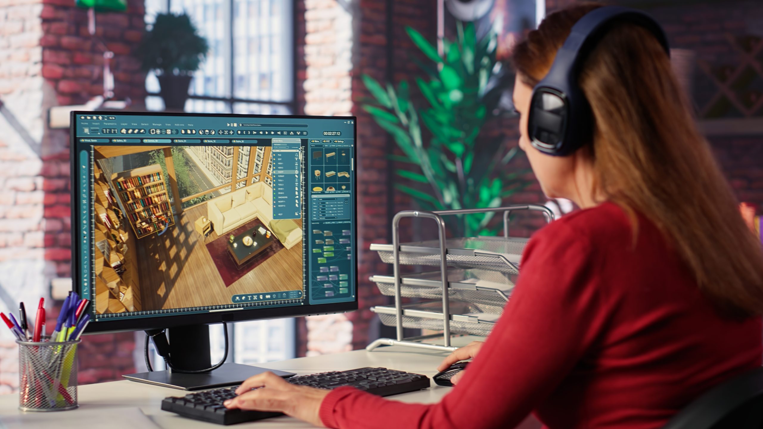 Professional architectural designer configures a floor plan on dual monitors, utilizing computer aided design tools. Woman uses digital rendering and interior decoration remodeling. Camera A.